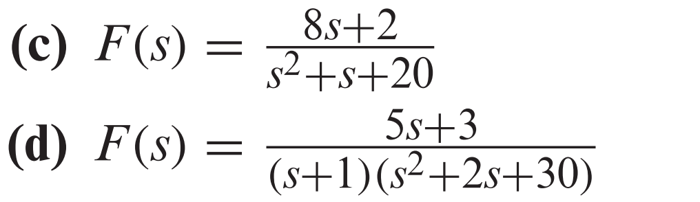 (c) F(s)
(d) F(s)
=
8s+2
s²+s+20
5s+3
(s+1) (s²+2s+30)