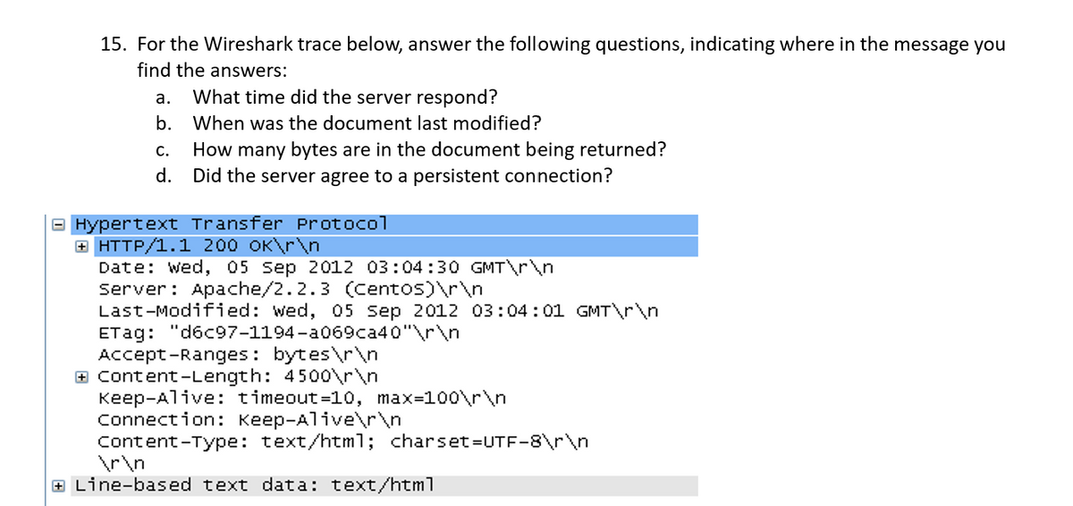 15. For the Wireshark trace below, answer the following questions, indicating where in the message you
find the answers:
a.
b.
What time did the server respond?
When was the document last modified?
C. How many bytes are in the document being returned?
d.
Did the server agree to a persistent connection?
Hypertext Transfer Protocol
HTTP/1.1 200 OK\r\n
Date: Wed, 05 sep 2012 03:04:30 GMT\r\n
Server: Apache/2.2.3 (centos)\r\n
Last-Modified: wed, 05 sep 2012 03:04:01 GMT\r\n\
ETag: "d6c97-1194-a069ca40"\r\n\
Accept-Ranges: bytes\r\n
+ Content-Length: 4500\r\n\
Keep-Alive: timeout=10, max=100\r\n]
Connection: Keep-Alive\r\n\
Content-Type: text/html; charset=UTF-8\r\n
\r\n\
+ Line-based text data: text/html