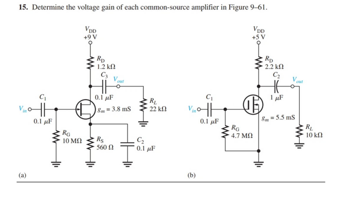 15. Determine the voltage gain of each common-source amplifier in Figure 9–61.
VDD
VDD
+5 V
+9 V
RD
1.2 kN
RD
2.2 kN
C2
C3
V.
out
V out
0.1 μF
1 µF
RL
22 kN
Vin
8m = 3.8 mS
8m = 5.5 mS
0.1 μF
0.1 μF
RG
RL
10 kN
4.7 MN
RG
10 MQ
C2
0.1 μF
Rs
560 N
(b)
(a)
