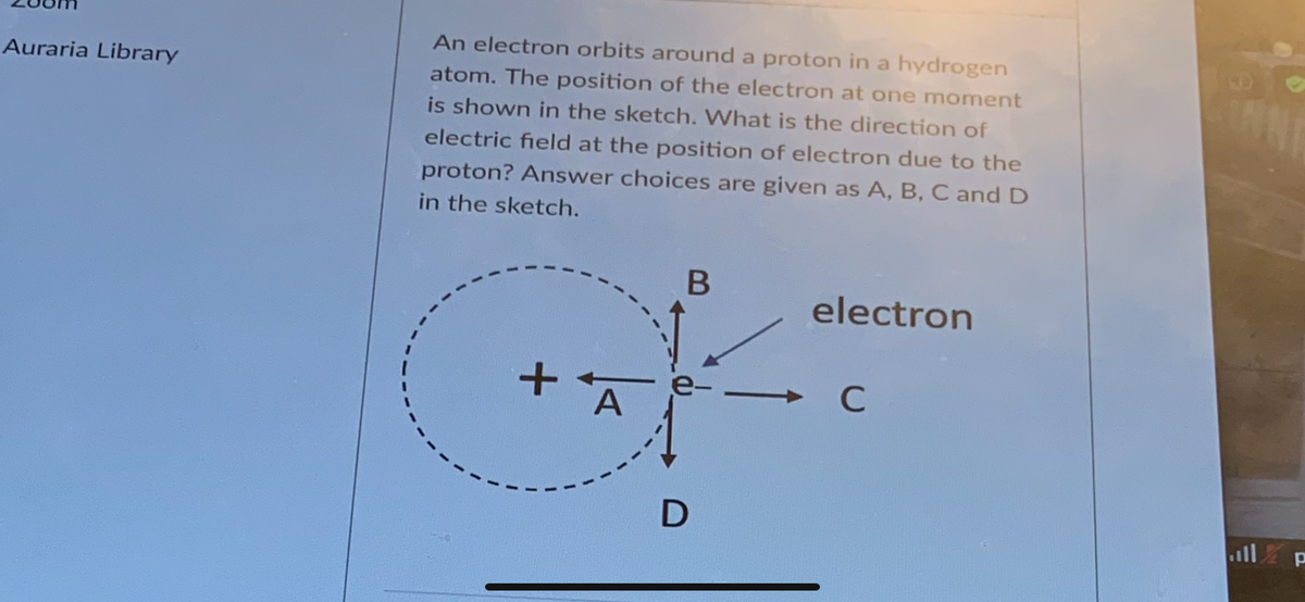 An electron orbits around a proton in a hydrogen
atom. The position of the electron at one moment
is shown in the sketch. What is the direction of
Auraria Library
electric field at the position of electron due to the
proton? Answer choices are given as A, B, C and D
in the sketch.
electron
e- >
A.
C
.ll
