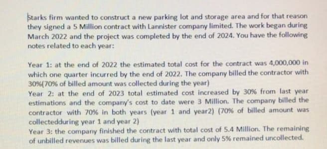 Starks firm wanted to construct a new parking lot and storage area and for that reason
they signed a 5 Million contract with Lannister company limited. The work began during
March 2022 and the project was completed by the end of 2024. You have the following
notes related to each year:
Year 1: at the end of 2022 the estimated total cost for the contract was 4,000,000 in
which one quarter incurred by the end of 2022. The company billed the contractor with
30%(70% of billed amount was collected during the year)
Year 2: at the end of 2023 total estimated cost increased by 30 % from last year
estimations and the company's cost to date were 3 Million. The company billed the
contractor with 70% in both years (year 1 and year2) (70% of billed amount was
collectedduring year 1 and year 2)
Year 3: the company finished the contract with total cost of 5.4 Million. The remaining
of unbilled revenues was billed during the last year and only 5% remained uncollected.
