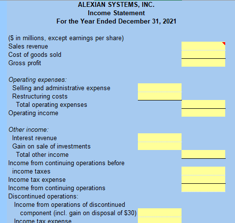 ALEXIAN SYSTEMS, INC.
Income Statement
For the Year Ended December 31, 2021
(S in millions, except earnings per share)
Sales revenue
Cost of goods sold
Gross profit
Operating expenses:
Selling and administrative expense
Restructuring costs
Total operating expenses
Operating income
Other income:
Interest revenue
Gain on sale of investments
Total other income
Income from continuing operations before
income taxes
Income tax expense
Income from continuing operations
Discontinued operations:
Income from operations of discontinued
component (incl. gain on disposal of $30)
Income tax exnense
