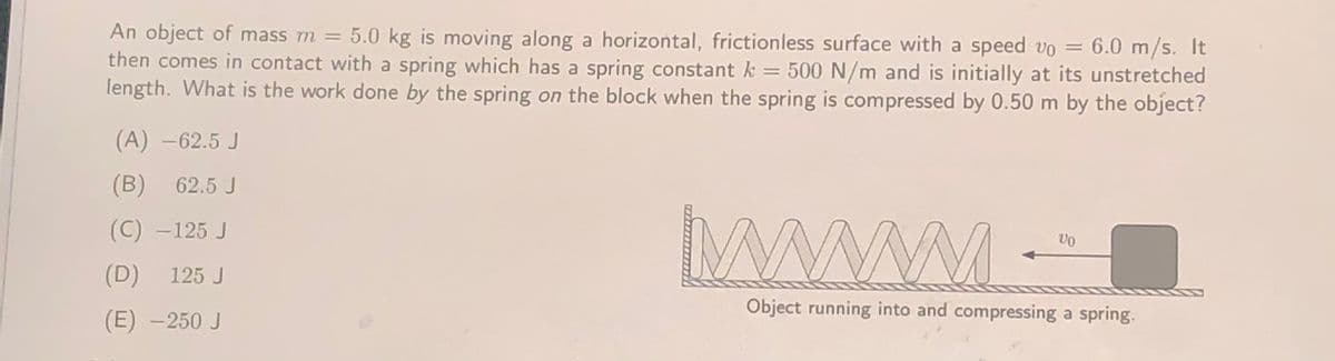 An object of mass m = 5.0 kg is moving along a horizontal, frictionless surface with a speed vo =
then comes in contact with a spring which has a spring constant k = 500 N/m and is initially at its unstretched
length. What is the work done by the spring on the block when the spring is compressed by 0.50 m by the object?
6.0 m/s. It
%3D
(A) -62.5 J
(B) 62.5 J
WWM.
(C) -125 J
Vo
(D) 125 J
Object running into and compressing a spring.
(E) -250 J

