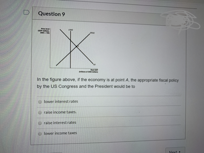 D
Question 9
Price level
(GOP deflator
2000-1000
LAAS
X
lower interest rates
In the figure above, if the economy is at point A, the appropriate fiscal policy
by the US Congress and the President would be to
raise income taxes.
raise interest rates
SPAS
lower income taxes
Real GDP
ons of 2000)
Next ▸