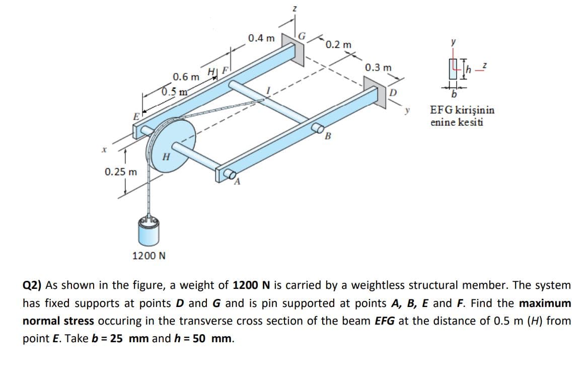 0.4 m
0.2 m
y
0.3 m
0.6 m HF
.5 m
EFG kirişinin
enine kesiti
B
0.25 m
1200 N
Q2) As shown in the figure, a weight of 1200N is carried by a weightless structural member. The system
has fixed supports at points D and G and is pin supported at points A, B, E and F. Find the maximum
normal stress occuring in the transverse cross section of the beam EFG at the distance of 0.5 m (H) from
point E. Take b = 25 mm and h = 50 mm.
