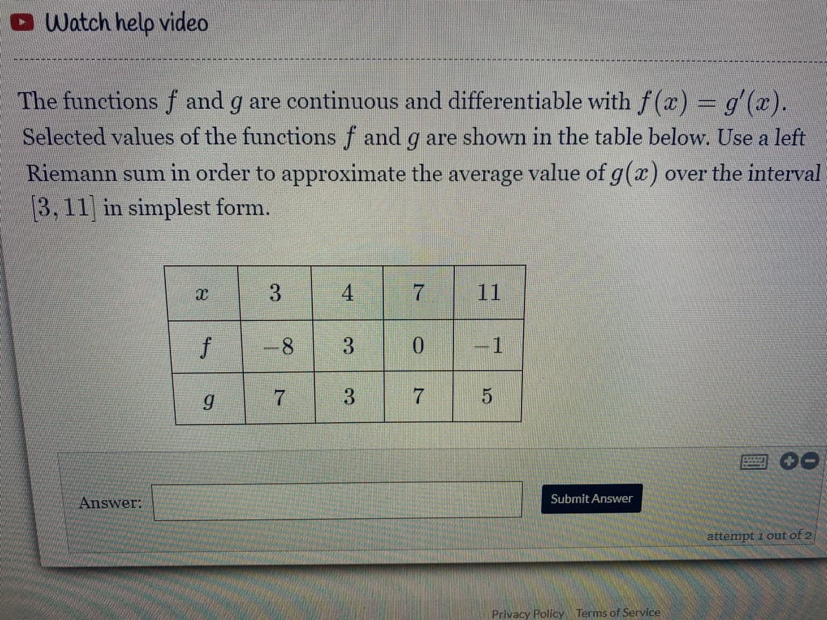 Watch help video
The functions f and g are continuous and differentiable with f(x) = g'(x).
Selected values of the functions f and g are shown in the table below. Use a left
Riemann sum in order to approximate the average value of g(x) over the interval
3, 11] in simplest form.
11
f
-8
3
1
Answer:
Submit Answer
attempt i out of 2
Privacy Policy Terms of Service
4.
3.
