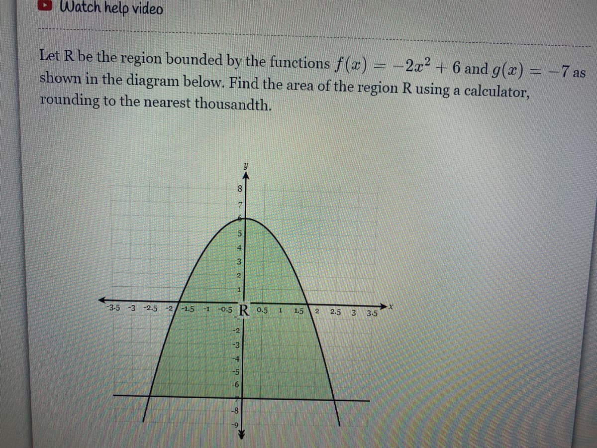 O Watch help video
Let R be the region bounded by the functions f(r) = -2x² + 6 and g(x) = -7 as
shown in the diagram below. Find the area of the region R using a calculator,
rounding to the nearest thousandth.
8.
3-5 -3 -2.5 -2
-1.5
-1 -0.5 R 0.5 1
1.5
2
2.5
3
3-5
-3
-4
-5
-6
-8
