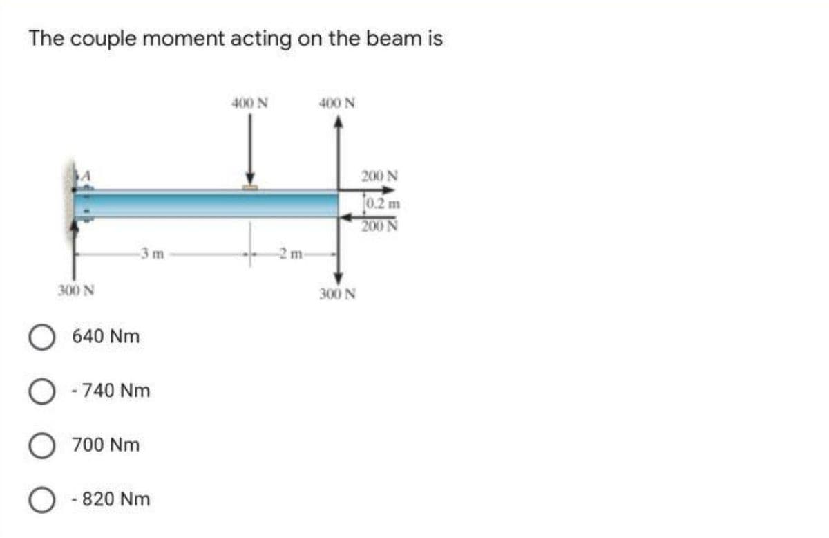 The couple moment acting on the beam is
400 N
400 N
200 N
J0.2 m
200 N
-3 m
-2 m
300 N
300 N
O 640 Nm
- 740 Nm
O 700 Nm
- 820 Nm
