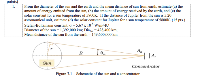 points)
1.
From the diameter of the sun and the earth and the mean distance of sun from earth, estimate (a) the
amount of energy emitted from the sun, (b) the amount of energy received by the earth, and (c) the
solar constant for a sun temperature of 5800K. If the distance of Jupiter from the sun is 5.20
astronomical unit, estimate (d) the solar constant for Jupiter for a sun temperature of 5800K. (15 pts.)
Stefan-Boltzmann constant, G = 5.67 x 10-8 W/m²-K4
Diameter of the sun = 1,392,000 km; Diajup = 428,400 km;
Mean distance of the sun from the earth = 149,600,000 km
Sun
R
Aa
|A,
Concentrator
Figure 3.1 - Schematic of the sun and a concentrator