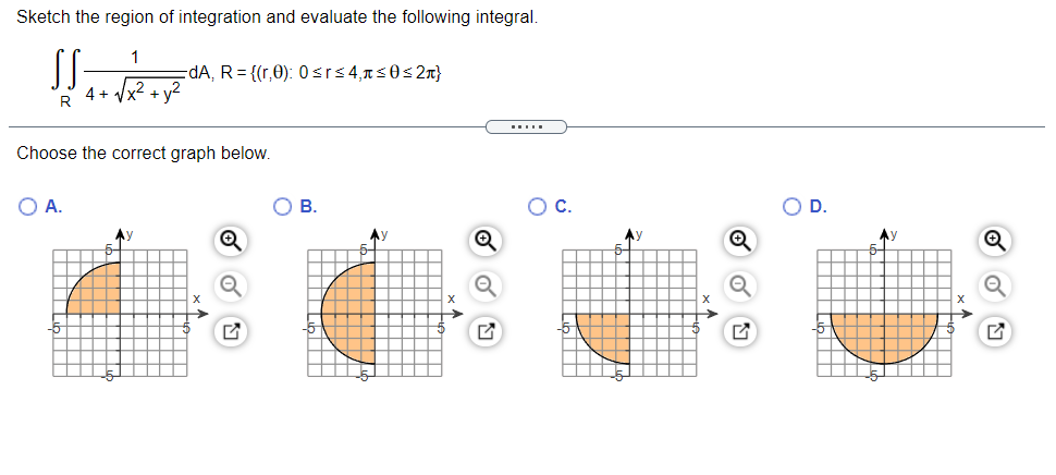 Sketch the region of integration and evaluate the following integral.
1
dA, R= {(r,0): 0srs4,ns0< 2n}
4 + Vx2 + y?
R
Choose the correct graph below.
O A.
ов.
OD.
Ay
