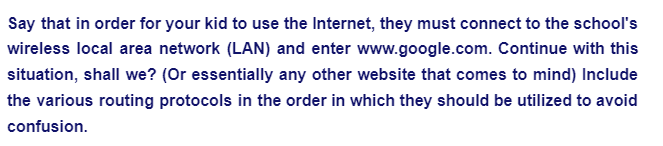 Say that in order for your kid to use the Internet, they must connect to the school's
wireless local area network (LAN) and enter www.google.com. Continue with this
situation, shall we? (Or essentially any other website that comes to mind) Include
the various routing protocols in the order in which they should be utilized to avoid
confusion.
