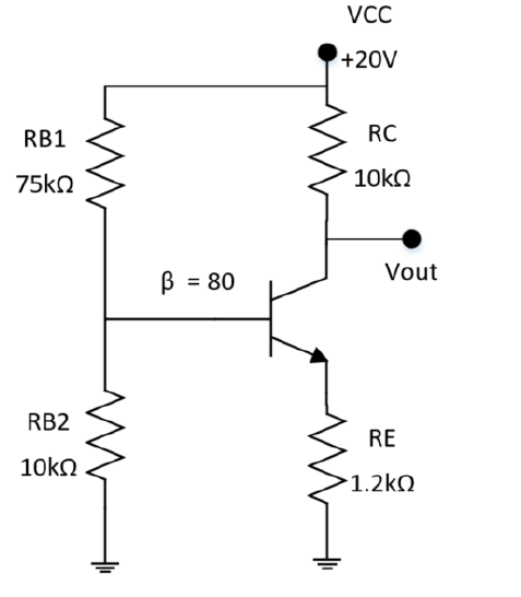 +20V
RB1
RC
75kN
10KO
Vout
B =
80
%3D
RB2
RE
10kn
1.2kQ
