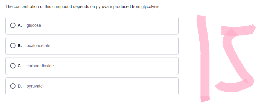 The concentration of this compound depends on pyruvate produced from glycolysis.
OA. glucose
B. oxaloacetate
O c. carbon dioxide
O D. pyruvate
15