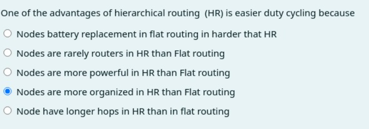 One of the advantages of hierarchical routing (HR) is easier duty cycling because
O Nodes battery replacement in flat routing in harder that HR
O Nodes are rarely routers in HR than Flat routing
O Nodes are more powerful in HR than Flat routing
Nodes are more organized in HR than Flat routing
O Node have longer hops in HR than in flat routing
