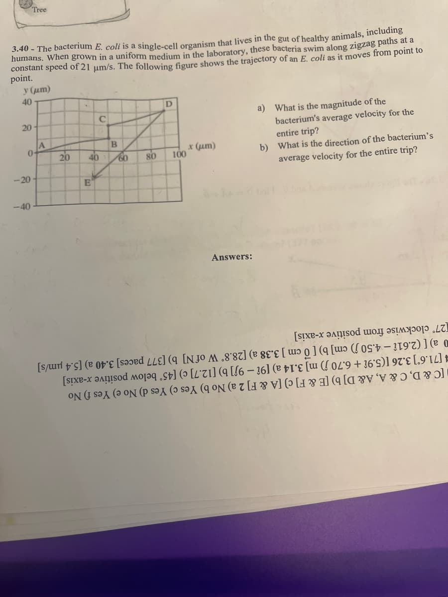 3.40 - The bacterium E. coli is a single-cell organism that lives in the gut of healthy animals, including
humans. When grown in a uniform medium in the laboratory, these bacteria swim along zigzag paths at a
constant speed of 21 µm/s. The following figure shows the trajectory of an E. coli as it moves from point to
point.
y (μm)
40
20
Tree
0-
-20
-40
A
20
40
Е'
с
B
60
80
D
100
x (μm)
Answers:
a) What is the magnitude of the
bacterium's average velocity for the
entire trip?
b) What is the direction of the bacterium's
average velocity for the
entire trip?
x-axis]
from positive
[27° clockwise
0a) [ (2.61î - 4.50ĵ) cm] b) [ 0 cm ] 3.38 a) [28.8° W of N] b) [377 paces] 3.40 a) [5.4 μm/s]
[71.6°] 3.26 [(5.91 + 6.70 ĵ) m] 3.14 a) [9î - 9ĵ] b) [12.7] c) [45° below positive x-axis]
[C & D, C & A, A& D] b) [E & F] c) [A & F] 2 a) No b) Yes c) Yes d) No e) Yes f) No