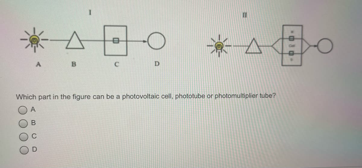 Which part in the figure can be a photovoltaic cell, phototube or photomultiplier tube?
A
O O O
