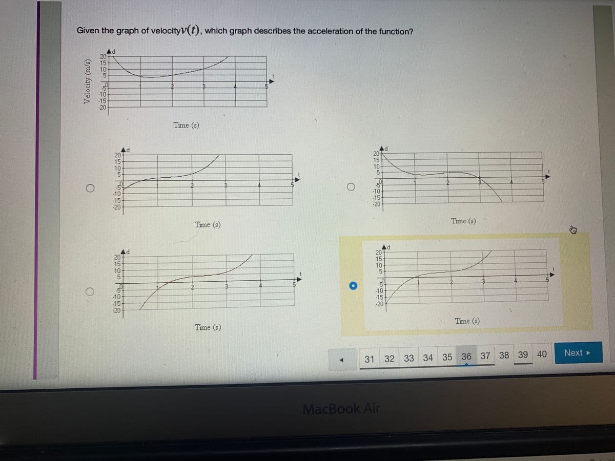 Given the graph of velocityV(t), which graph describes the acceleration of the function?
20
15
10
5.
to
5
-10
-15
-20
Time (s)
20
15
10
20
15
10
2.
4.
-10
-15
-20
-5°
-10
-15
-20
Time (s)
Time (s)
20
15
10
5.
20
15
10
2.
4.
2.
4.
-10
-15
-20
-10
-15
-20
Time (s)
Time (s)
Next
31 32 33 34 35 36 37 38 39 40
MacBook Air
Velocity (m/s)
