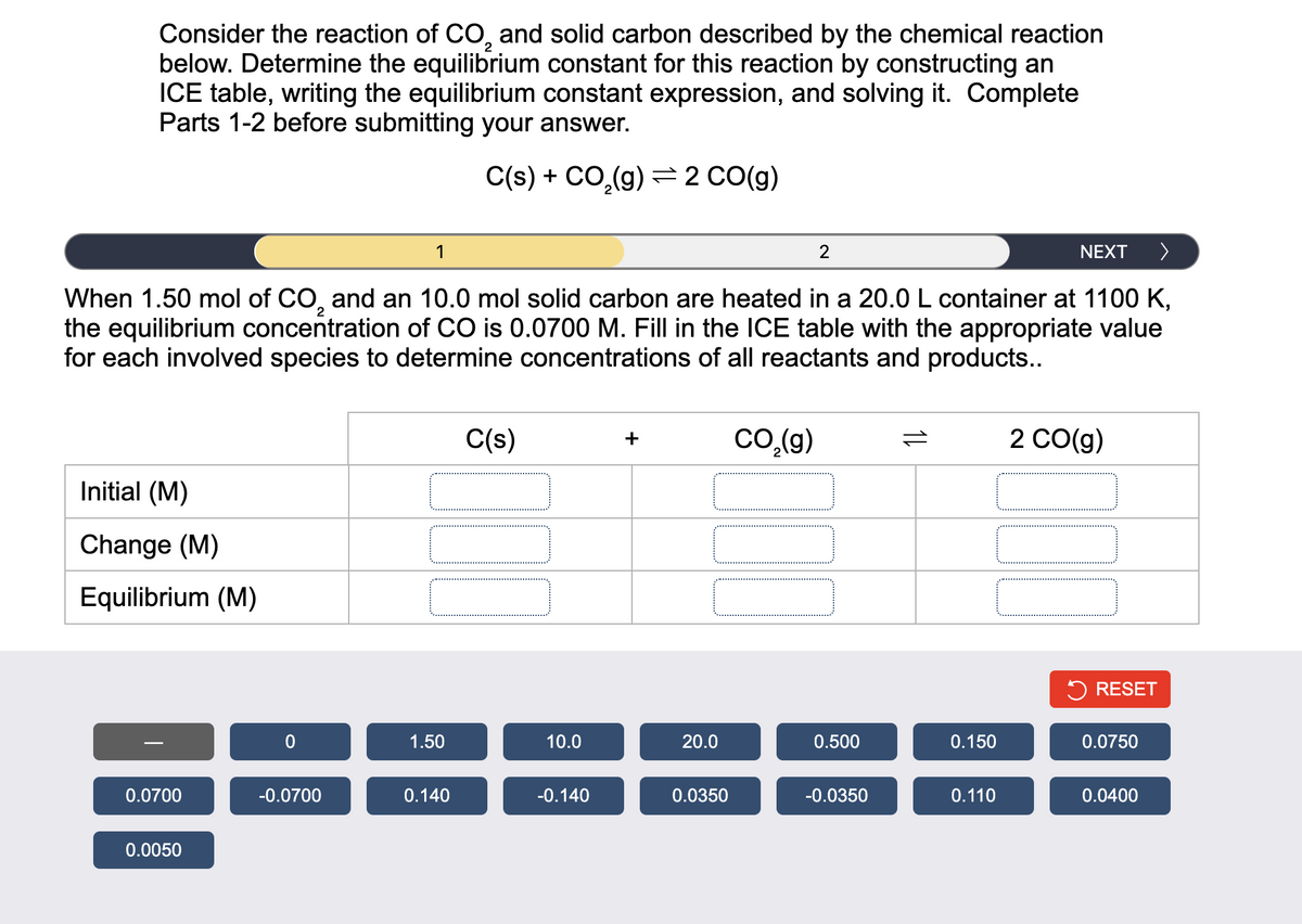 Consider the reaction of CO₂ and solid carbon described by the chemical reaction
below. Determine the equilibrium constant for this reaction by constructing an
ICE table, writing the equilibrium constant expression, and solving it. Complete
Parts 1-2 before submitting your answer.
C(s) + CO₂(g) = 2 CO(g)
Initial (M)
Change (M)
Equilibrium (M)
NEXT >
When 1.50 mol of CO₂ and an 10.0 mol solid carbon are heated in a 20.0 L container at 1100 K,
the equilibrium concentration of CO is 0.0700 M. Fill in the ICE table with the appropriate value
for each involved species to determine concentrations of all reactants and products..
0.0700
0.0050
1
-0.0700
1.50
0.140
C(s)
10.0
-0.140
+
20.0
0.0350
2
CO₂(g)
0.500
-0.0350
0.150
0.110
2 CO(g)
RESET
0.0750
0.0400