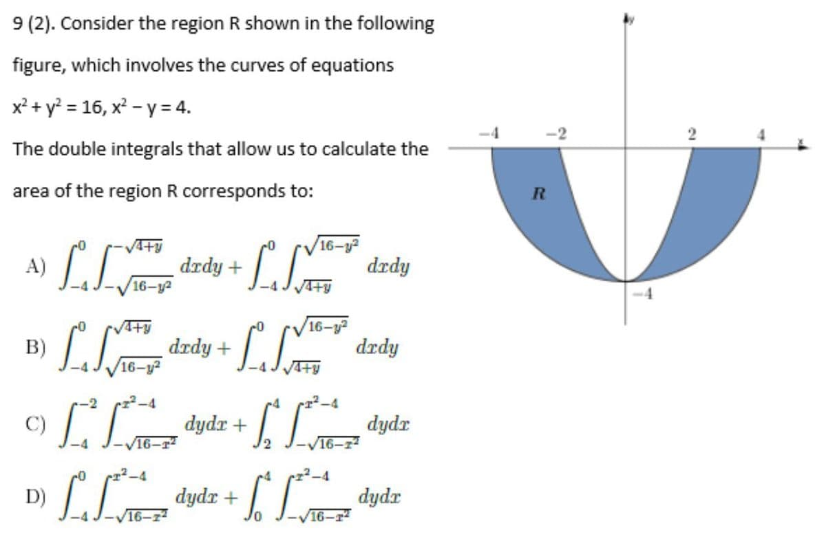 9 (2). Consider the region R shown in the following
figure, which involves the curves of equations
x² + y? = 16, x² - y = 4.
The double integrals that allow us to calculate the
area of the region R corresponds to:
R
drdy +
16-y2
16-y2
drdy
A)
drdy +
16-y?
drdy
B)
A+y
2-4
C)
16-r
16-7
LL-
2²-4
dydr +
dydr
16-r
D)
16-z
