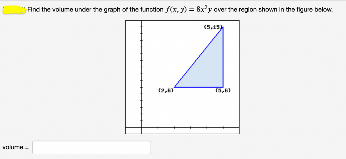 Find the volume under the graph of the function f(x, y) = 8x²y over the region shown in the figure below.
(5,15)
(2,6)
(5,6)
volume =
