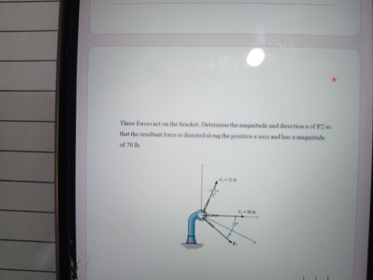 Three forces act on the bracket. Determine the magnitude and direction u of F2 so
that the resultant force is directed along the positive u axis and has a magnitude
of 70 lb.
F-52 tb
