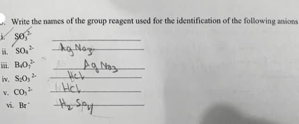 w. Write the names of the group reagent used for the identification of the following anions
ii. So,
iii. B.0,
hg Nogn
iv. S:03 2-
v. CO, 2-
vi. Br
