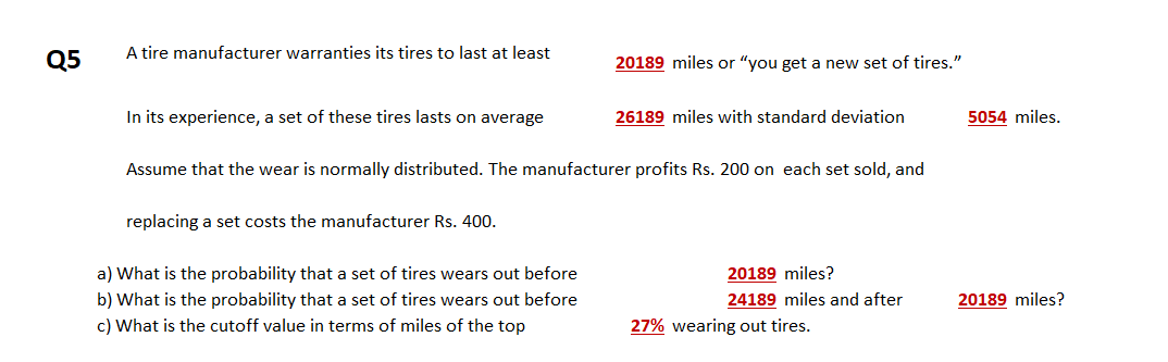 Q5
A tire manufacturer warranties its tires to last at least
20189 miles or "you get a new set of tires."
In its experience, a set of these tires lasts on average
26189 miles with standard deviation
5054 miles.
Assume that the wear is normally distributed. The manufacturer profits Rs. 200 on each set sold, and
replacing a set costs the manufacturer Rs. 400.
a) What is the probability that a set of tires wears out before
20189 miles?
b) What is the probability that a set of tires wears out before
24189 miles and after
20189 miles?
c) What is the cutoff value in terms of miles of the top
27% wearing out tires.
