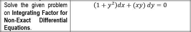 (1+ y?)dx + (xy) dy = 0
Solve the given problem
on Integrating Factor for
Non-Exact Differential
Equations.
