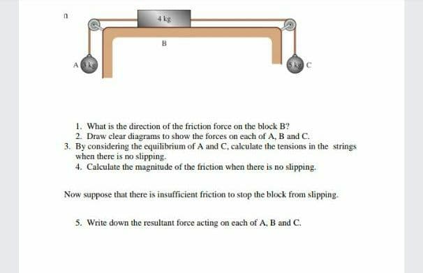 4 kg
B
1. What is the direction of the friction force on the block B?
2. Draw clear diagrams to show the forces on each of A, B and C.
3. By considering the equilibrium of A and C, calculate the tensions in the strings
when there is no slipping.
4. Calculate the magnitude of the friction when there is no slipping.
Now suppose that there is insufficient friction to stop the block from slipping.
5. Write down the resultant force acting on each of A, B and C.
