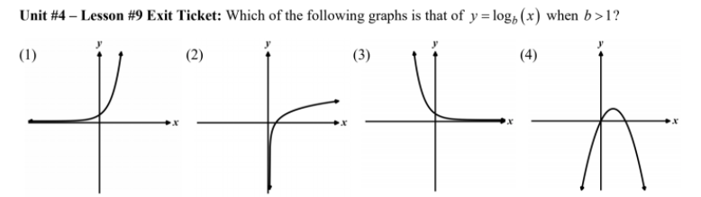 Unit #4 – Lesson #9 Exit Ticket: Which of the following graphs is that of y = log, (x) when b>1?
(1)
(2)
(3)
(4)
