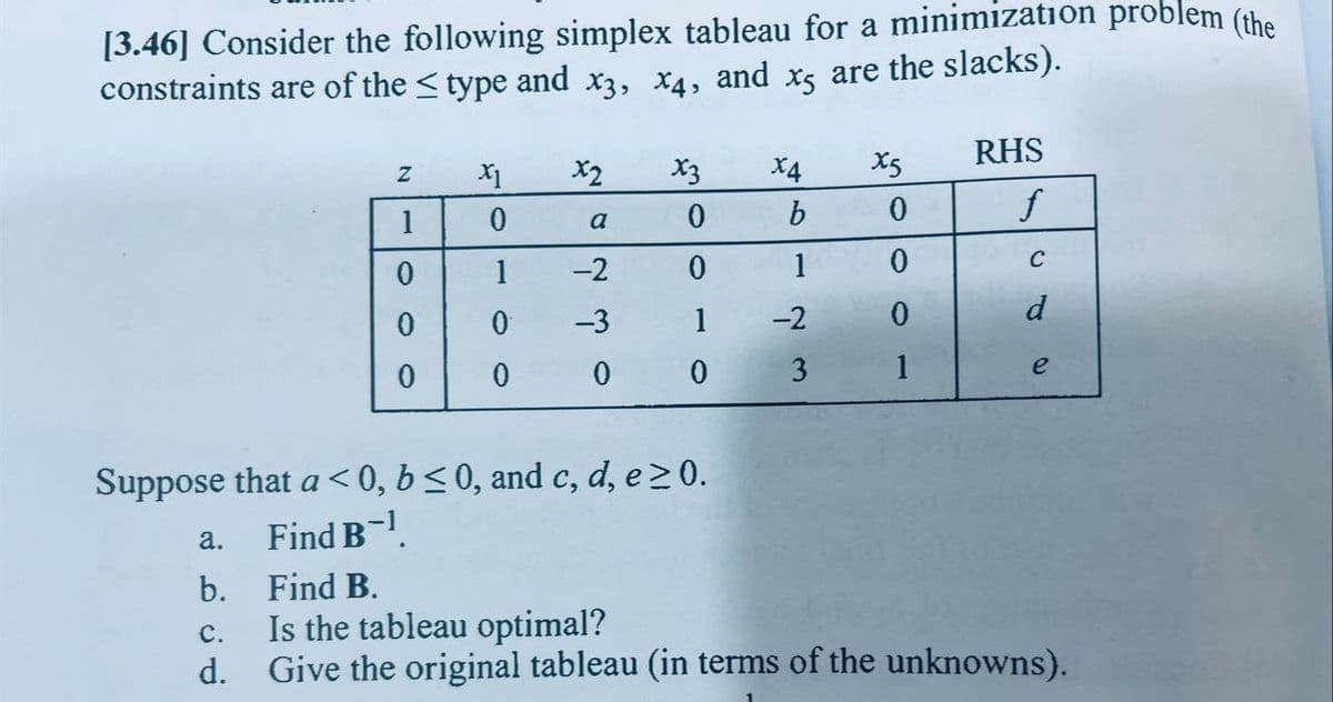[3.46] Consider the following simplex tableau for a minimization problem (the
constraints are of the ≤ type and x3, x4, and x5 are the slacks).
N
a.
b.
C.
d.
1
0
0
0
X1
0
1
0
0
x2
a
-2
-3
0
X3
0
0
1
0
Suppose that a < 0, b ≤0, and c, d, e ≥ 0.
Find B¯¹.
x4
b
1
-2
3
x5
0
0
0
1
RHS
f
C
d
e
Find B.
Is the tableau optimal?
Give the original tableau (in terms of the unknowns).