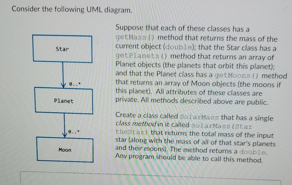 Consider the following UML diagram.
Suppose that each of these classes has a
getMass () method that returns the mass of the
current object (double); that the Star class has a
getPlanets () method that returns an array of
Planet objects (the planets that orbit this planet);
and that the Planet class has a getMoons () method
that returns an array of Moon objects (the moons if
this planet). All attributes of these classes are
private. All methods described above are public.
Star
0..
Planet
Create a class called SolarMass that has a single
class method in it called solarMass (Star
theStar) that returns the total mass of the input
star (along with the mass of all of that star's planets
and their moons). The method returns a double.
Any program should be able to call this method.
e..*
Moon
