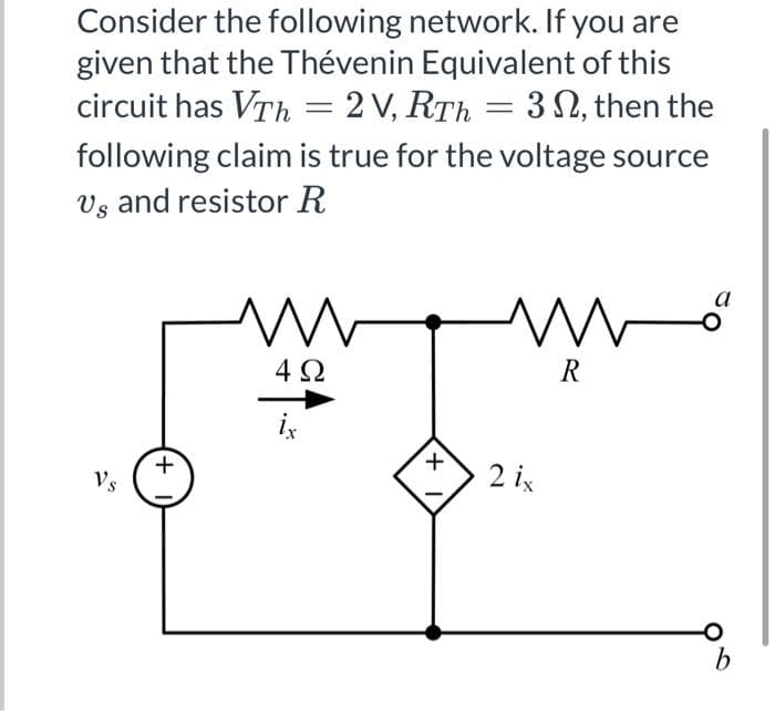 Consider the following network. If you are
given that the Thévenin Equivalent of this
circuit has VTh = 2 V, RTh = 3 SN, then the
following claim is true for the voltage source
Vs and resistor R
a
4Ω
R
+.
Vs
2 ix
