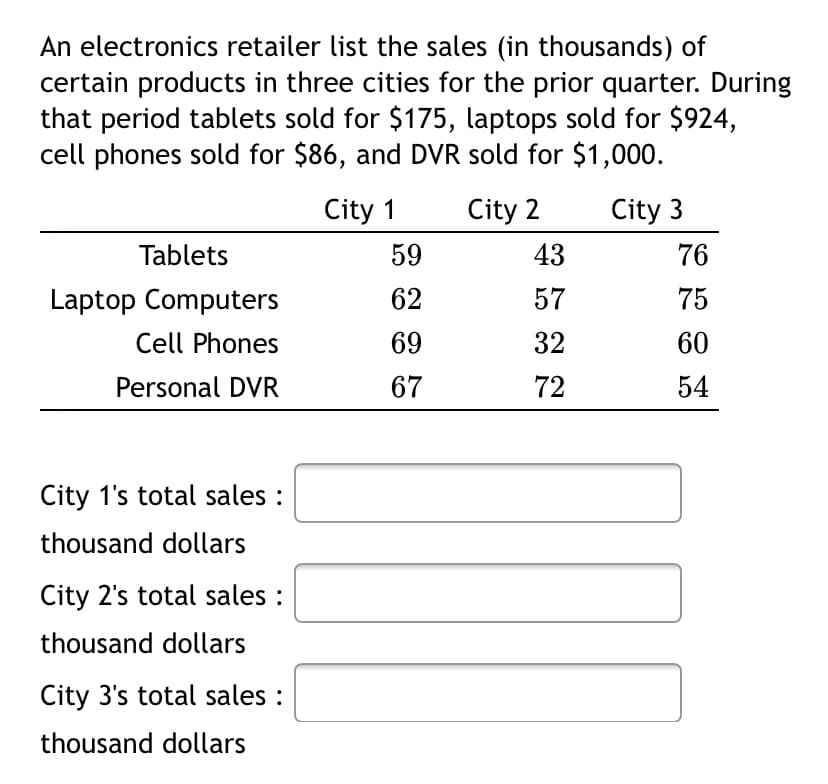 An electronics retailer list the sales (in thousands) of
certain products in three cities for the prior quarter. During
that period tablets sold for $175, laptops sold for $924,
cell phones sold for $86, and DVR sold for $1,000.
City 1
City 2
City 3
Tablets
59
43
76
Laptop Computers
62
57
75
Cell Phones
69
32
60
Personal DVR
67
72
54
City 1's total sales :
thousand dollars
City 2's total sales :
thousand dollars
City 3's total sales :
thousand dollars

