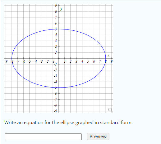 7-
4
$ -7 -6 -5 4 -3 -2 -1
-2
-4-
-6-
-7-
-8
-9-
Write an equation for the ellipse graphed in standard form.
Preview
