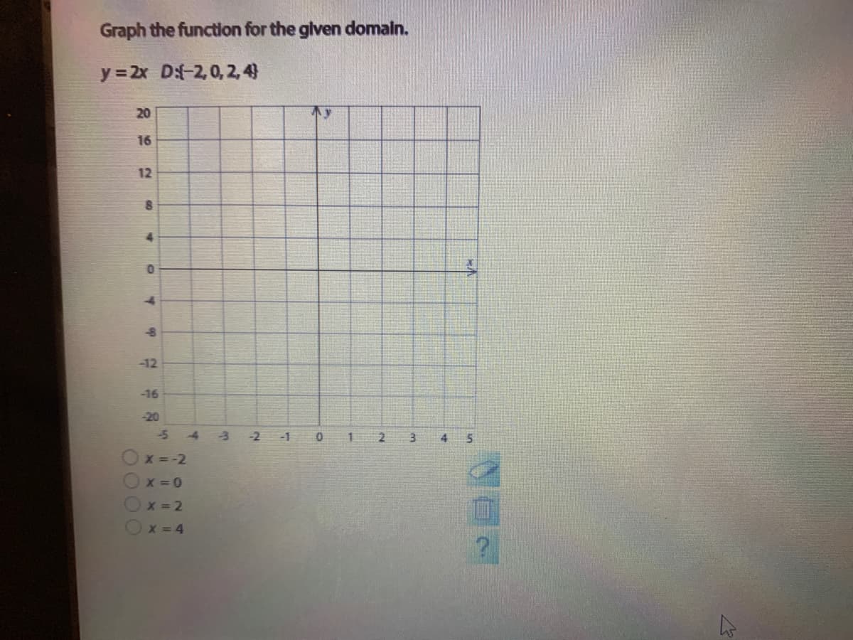 Graph the function for the given domain.
y = 2x D-2,0,2, 4)
20
16
12
4.
-12
-16
-20
-54
-2 -1 0 1
2
4
5
X =-2
X = 2
X = 4
N日2
OOO
