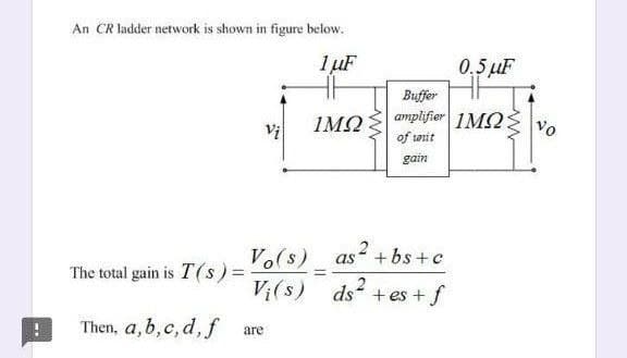 An CR ladder network is shown in figure below.
1 µF
0,5 uF
Buffer
1MQ
amplifier 1M2
Vị
Vo
of wnit
gain
as2
Vi(s) ds
Vo(s)
+ bs +c
The total gain is T(s) =
+ es + f
Then, a, b,c, d, f
are
