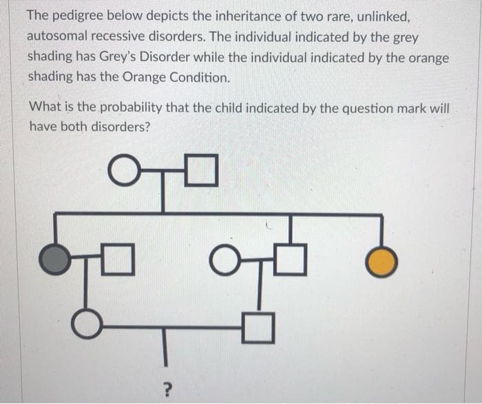 The pedigree below depicts the inheritance of two rare, unlinked,
autosomal recessive disorders. The individual indicated by the grey
shading has Grey's Disorder while the individual indicated by the orange
shading has the Orange Condition.
What is the probability that the child indicated by the question mark will
have both disorders?
OTO
