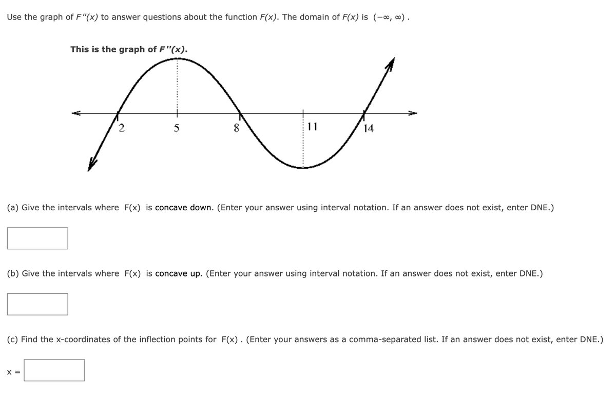 Use the graph of F"(x) to answer questions about the function F(x). The domain of F(x) is (-∞, ∞).
This is the graph of F"(x).
~
5
8
2
11
X =
14
(a) Give the intervals where F(x) is concave down. (Enter your answer using interval notation. If an answer does not exist, enter DNE.)
(b) Give the intervals where F(x) is concave up. (Enter your answer using interval notation. If an answer does not exist, enter DNE.)
(c) Find the x-coordinates of the inflection points for F(x). (Enter your answers as a comma-separated list. If an answer does not exist, enter DNE.)