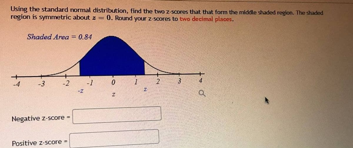 Using the standard normal distribution, find the two Z-Scores that that form the middle shaded region. The shaded
region is symmetric about z = 0. Round your z-scores to two decimal places.
Shaded Area = 0.84
-4
-3
-1
2
3
4
Negative z-score =
Positive z-Score =
