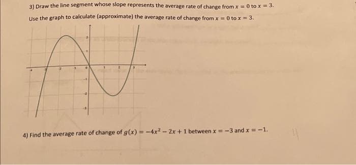 3) Draw the line segment whose slope represents the average rate of change from x = 0 to x = 3.
Use the graph to calculate (approximate) the average rate of change from x = 0 to x = 3.
A
4) Find the average rate of change of g(x)=-4x² - 2x + 1 between x = -3 and x = -1.