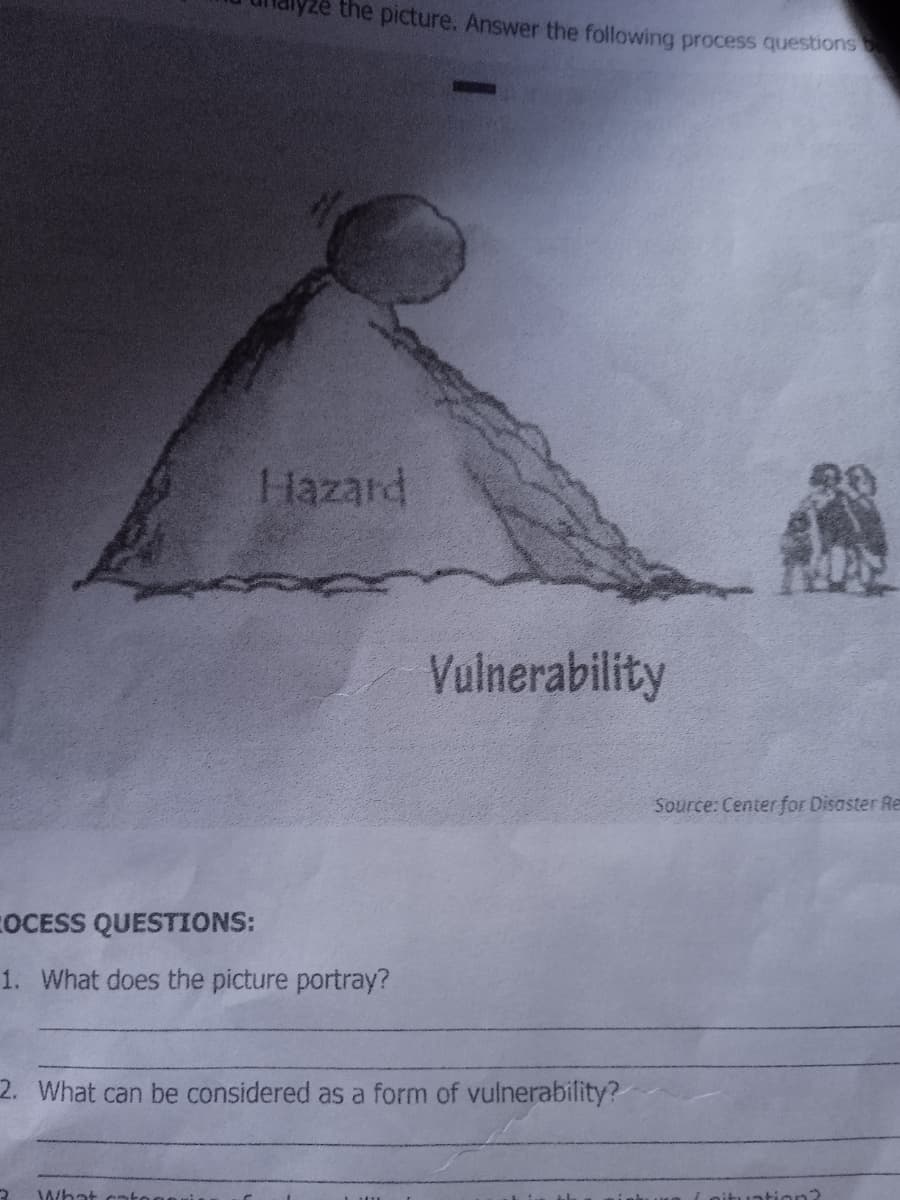 ze the picture. Answer the following process questions
Hazard
Vulnerability
Source: Centerfor Disaster Re
COCESS QUESTIONS:
1. What does the picture portray?
2. What can be considered as a form of vulnerability?
What cnto
ntion?
