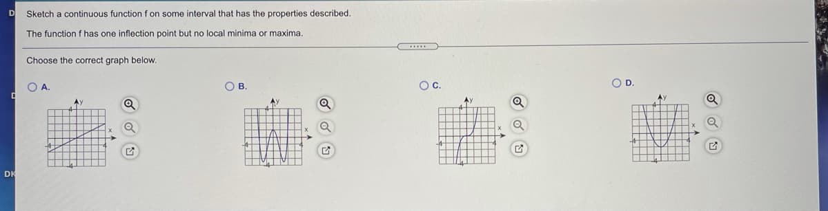 D Sketch a continuous function f on some interval that has the properties described.
The function f has one inflection point but no local minima or maxima.
Choose the correct graph below.
O A.
OB.
Oc.
OD.
AY
Ay
DK
