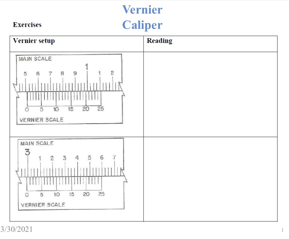 Vernier
Caliper
Exercises
Vernier setup
Reading
MAIN SCALE
5
8
9.
2
10
15
20
25
VERNIER SCALE
MAIN SCALE
3
1
3
4
6
5
10
15
20
25
VERNIER SCALE
3/30/2021
