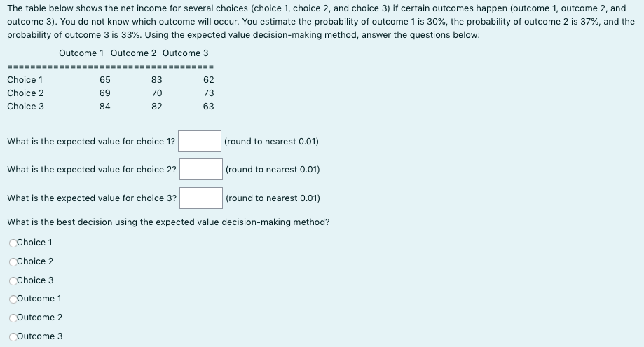 The table below shows the net income for several choices (choice 1, choice 2, and choice 3) if certain outcomes happen (outcome 1, outcome 2, and
outcome 3). You do not know which outcome will occur. You estimate the probability of outcome 1 is 30%, the probability of outcome 2 is 37%, and the
probability of outcome 3 is 33%. Using the expected value decision-making method, answer the questions below:
Outcome 1 Outcome 2 Outcome 3
Choice 1
65
83
62
Choice 2
69
70
73
Choice 3
84
82
63
What is the expected value for choice 1?
(round to nearest 0.01)
What is the expected value for choice 2?
(round to nearest 0.01)
What is the expected value for choice 3?
(round to nearest 0.01)
What is the best decision using the expected value decision-making method?
Choice 1
CChoice 2
CChoice 3
Outcome 1
COutcome 2
Outcome 3