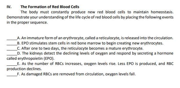 IV.
The Formation of Red Blood Cells
The body must constantly produce new red blood cells to maintain homeostasis.
Demonstrate your understanding of the life cycle of red blood cells by placing the following events
in the proper sequence.
A. An immature form of an erythrocyte, called a reticulocyte, is released into the circulation.
B. EPO stimulates stem cells in red bone marrow to begin creating new erythrocytes.
_C. After one to two days, the reticulocyte becomes a mature erythrocyte.
_D. The kidneys detect the declining levels of oxygen and respond by secreting a hormone
called erythropoietin (EPO).
E. As the number of RBCS increases, oxygen levels rise. Less EPO is produced, and RBC
production declines.
F. As damaged RBCS are removed from circulation, oxygen levels fall.
