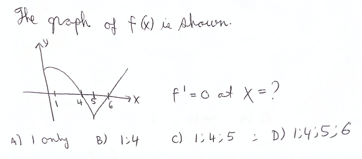 The
He raph of f G) ie Ahown.
f'=0 at X=?
%3D
%3D
Al i only
c)じ4ン5 D)じ4:5;6
B) I:4
さ
