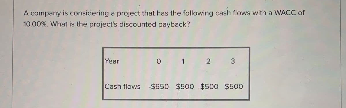 A company is considering a project that has the following cash flows with a WACC of
10.00%. What is the project's discounted payback?
Year
1
2 3
Cash flows -$650 $500 $500 $500
