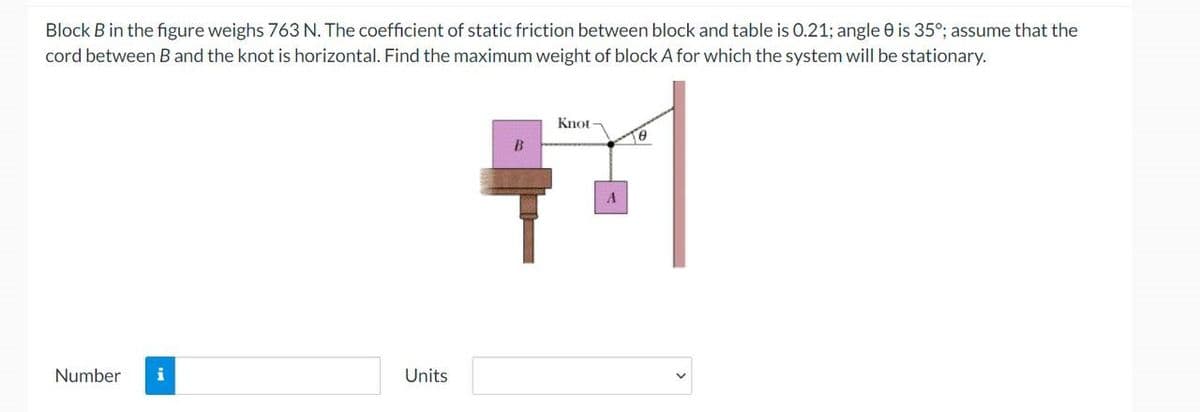 Block B in the figure weighs 763 N. The coefficient of static friction between block and table is 0.21; angle 0 is 35°; assume that the
cord between B and the knot is horizontal. Find the maximum weight of block A for which the system will be stationary.
Number
i
Units
B
Knot-
A
Te