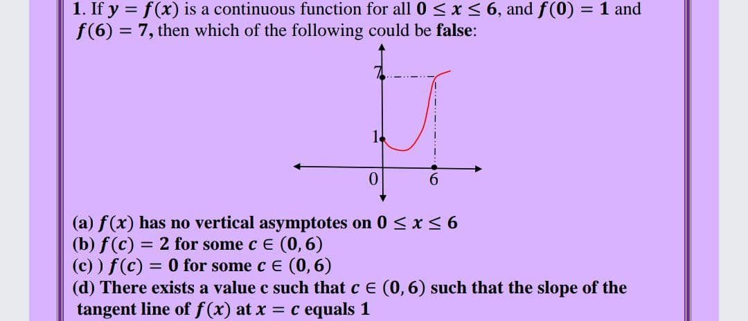 1. If y = f(x) is a continuous function for all0 <x< 6, and f(0) = 1 and
f(6) = 7, then which of the following could be false:
0.
(a) f(x) has no vertical asymptotes on 0 x<6
(b) f (c) = 2 for some c E (0,6)
(c) ) f(c) = 0 for some c e (0, 6)
(d) There exists a value c such that c E (0, 6) such that the slope of the
tangent line of f (x) at x = c equals 1
